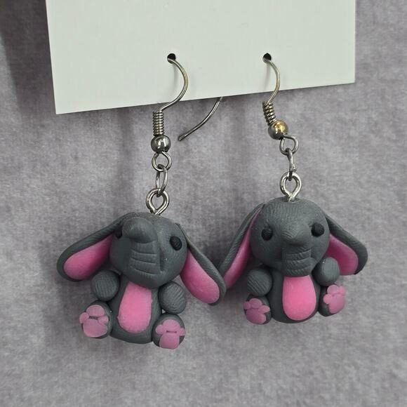 Gray Elephant Floppy Ears Dangle Hook Earrings Boho Fashion Jewelry - Picture 3 of 5